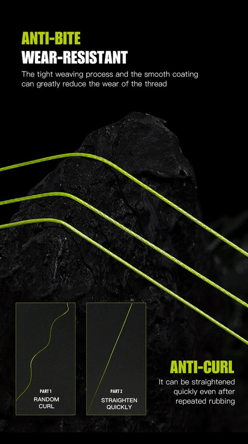 Neon green braided fishing line strands on dark rock