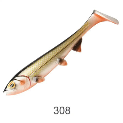Soft paddle-tail swimbait lure in pale orange with gold scales and red fins, color 308