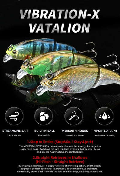 Three vibration-style fishing lures in blue-green, gold, and silver with treble hooks