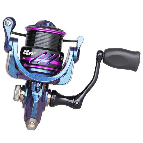 Spinning fishing reel with purple accents, black spool, and curved handle