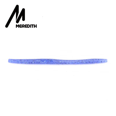 Blue silicone worm fishing lure with a glittery ribbed finish