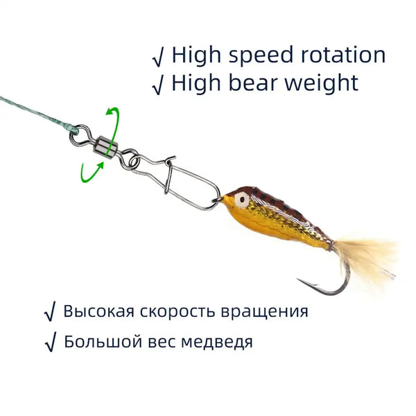 Stainless steel swivel snap bearing on fishing lure with feather tail