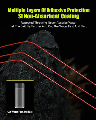 Red braided PE fishing line strands on rock, smooth multifilament line detail