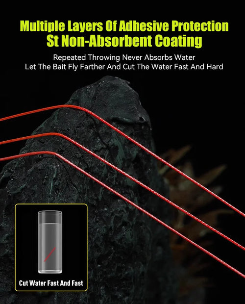Red braided PE fishing line strands on rock, smooth multifilament line detail