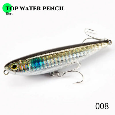 Floating pencil lure, silver-blue with teal stripes, black back; treble hooks