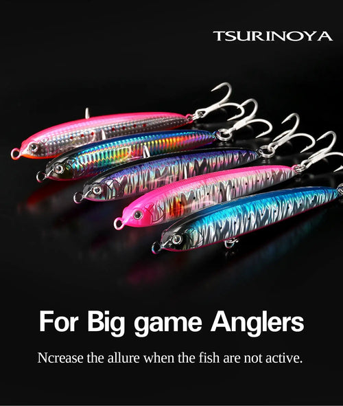 Three shimmering sinking pencil fishing lures with treble hooks