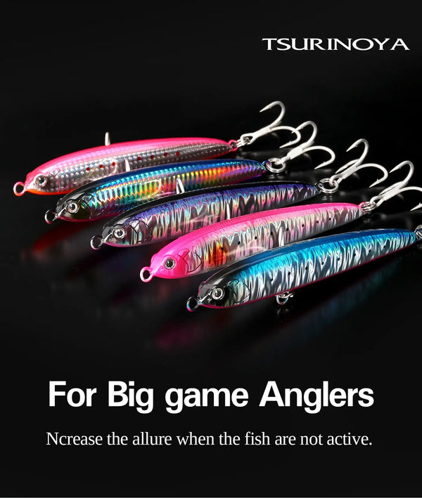 Three shimmering sinking pencil fishing lures with treble hooks