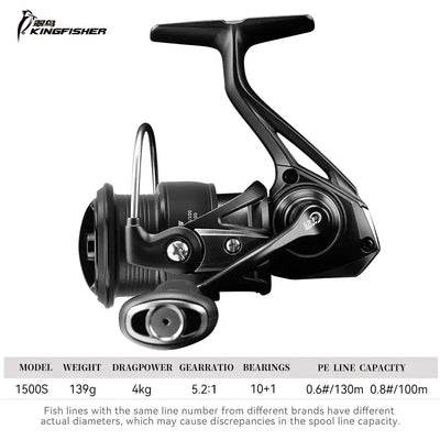 KINGFISHER 1500S spinning reel, black frame and handle, front view