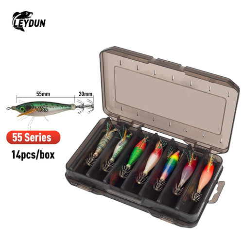 Assorted luminous squid jigs in open plastic case, 55mm 14-piece set