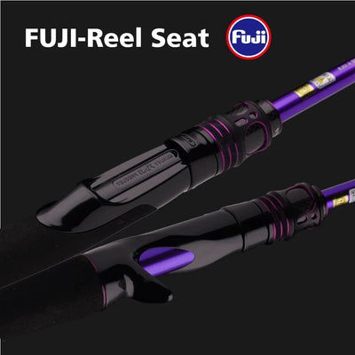 Purple and black fishing rod with FUJI reel seat and trigger-style handle