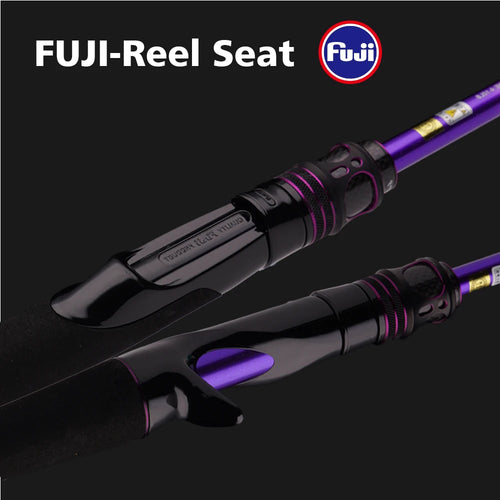 Purple and black fishing rod with FUJI reel seat and trigger-style handle