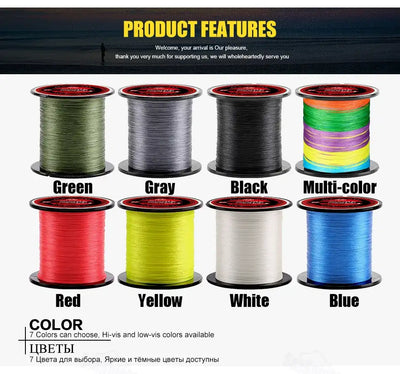 Fishing line color options: green, gray, black, multi-color, red, yellow, white, blue spools