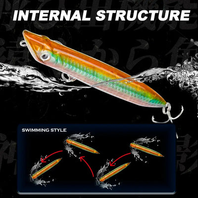 Orange and green pencil topwater fishing lure with treble hook