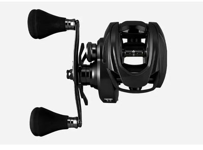 Black baitcasting reel with dual EVA grips and angular side profile