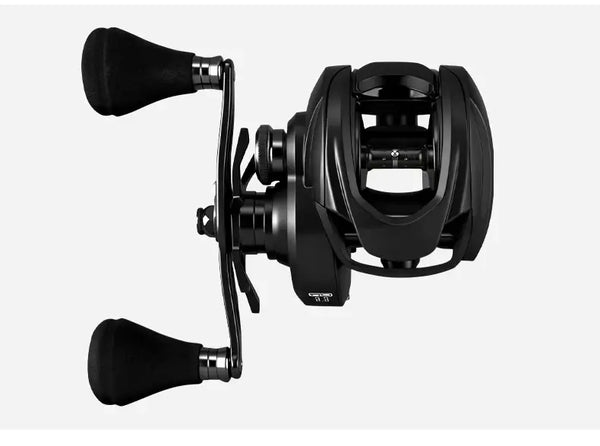 Black baitcasting reel with dual EVA grips and angular side profile