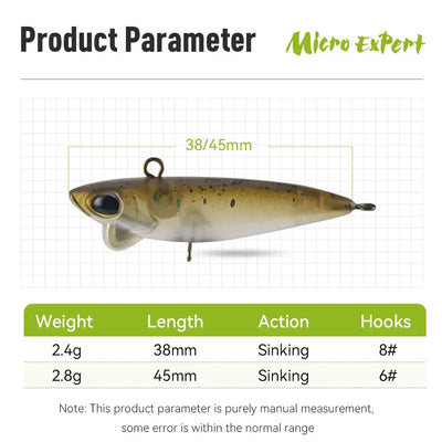 Olive-brown micro sinking pencil lure with two treble hooks and front eye