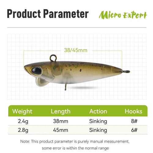 Olive-brown micro sinking pencil lure with two treble hooks and front eye