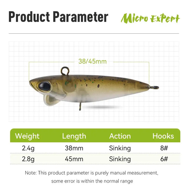 Olive-brown micro sinking pencil lure with two treble hooks and front eye
