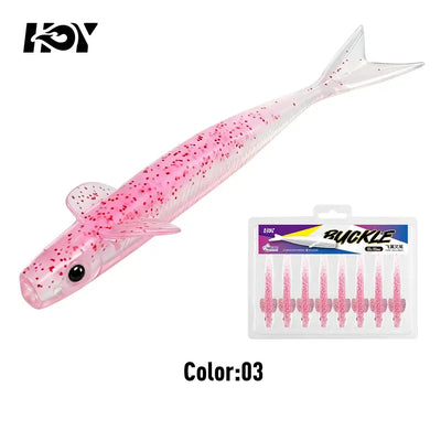Pink fork-tail soft silicone sinking lure with speckle pattern, weedless style