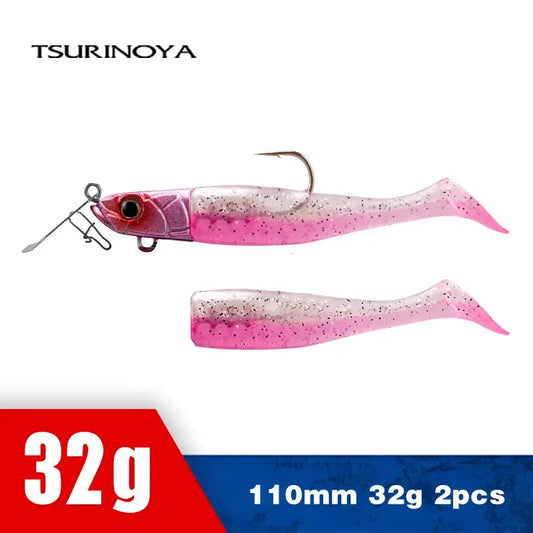 T-tail soft worm fishing lure, pink with speckles and treble hook