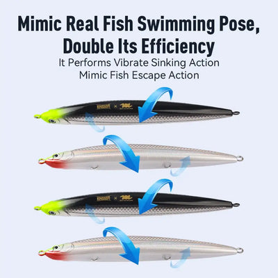 Sinking pencil fishing lure color set: black, red/white, and green heads; three lures shown