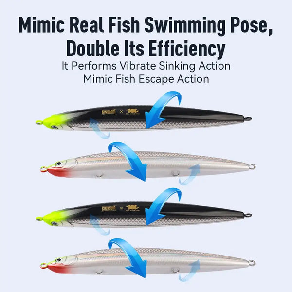 Sinking pencil fishing lure color set: black, red/white, and green heads; three lures shown
