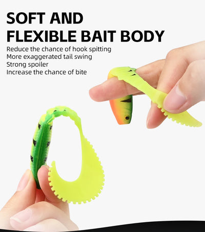 Soft silicone fishing lure with neon green flexible body and ridged fork tail, held in hand