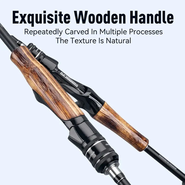Fishing rod with carved natural wood handle and black reel seat, black carbon shaft