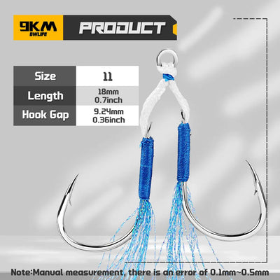 Blue feather assist fishing hooks with steel-core cord and solid rings, size 11