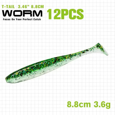 T-tail shad soft plastic lure, translucent green with glitter speckles