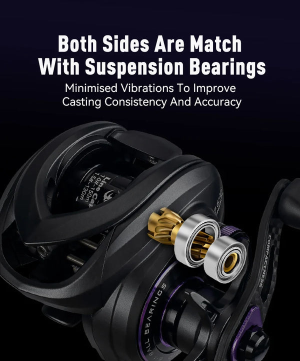 Black baitcasting reel with side spool release and gold/brass center shaft