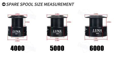 SeaKnight LUNA spare spool size measurement diagram for 4000, 5000, and 6000