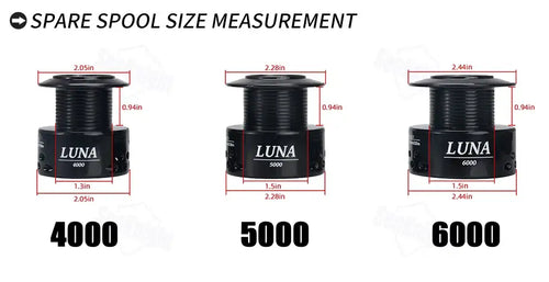 SeaKnight LUNA spare spool size measurement diagram for 4000, 5000, and 6000