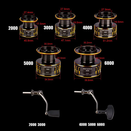 SeaKnight ARCHER2 black and gold spinning reel with CNC aluminum spool and engraved model numbers
