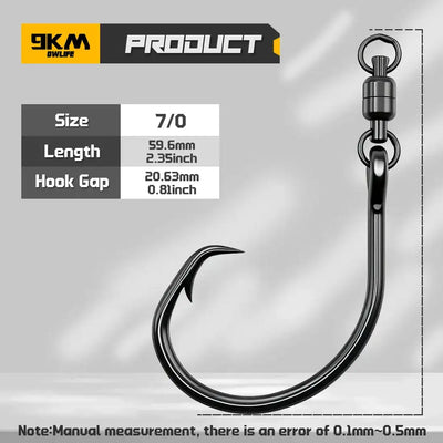 Circle fishing hook with swivel, black high-carbon steel, 7/0 size