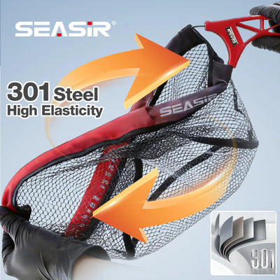 Fishing net with red high-elastic steel rim, black mesh net, gloved red grip