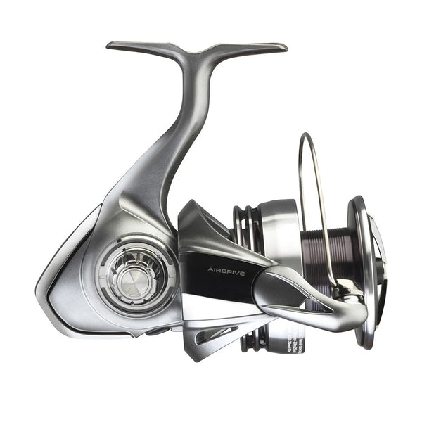 Silver spinning fishing reel with side drag knob and bent handle, angled view