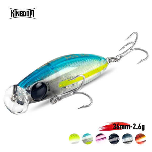 Blue, green, and silver micro minnow fishing lure with lip and two treble hooks