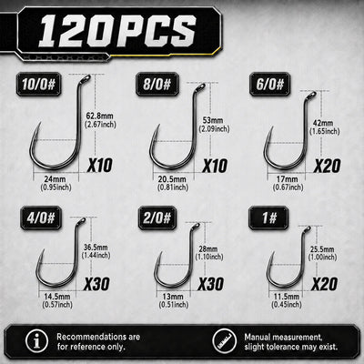 Size chart for 120pcs octopus hooks with silhouettes for 10/0 to 1
