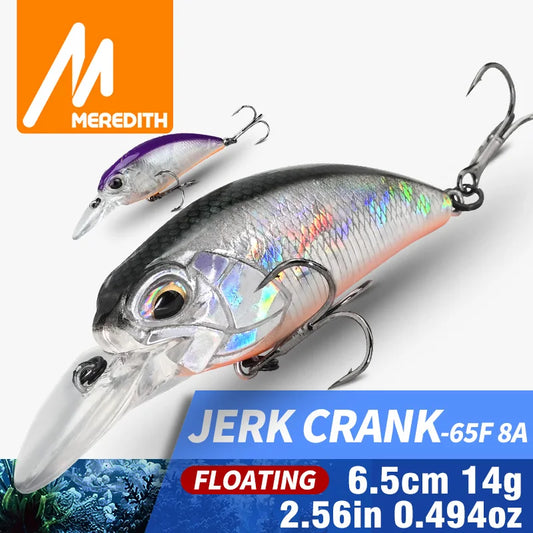 Iridescent silver floating jerk crank fishing lure with treble hooks and metal diving lip