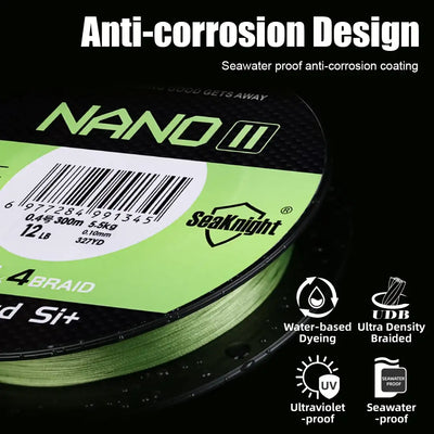 SeaKnight Nano II coated 4-strand braided fishing line, lime-green spool with label