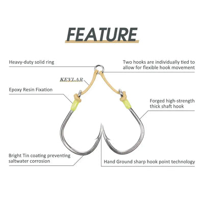 Forged twin assist jig hook with bright tin coating and yellow-green bead keepers