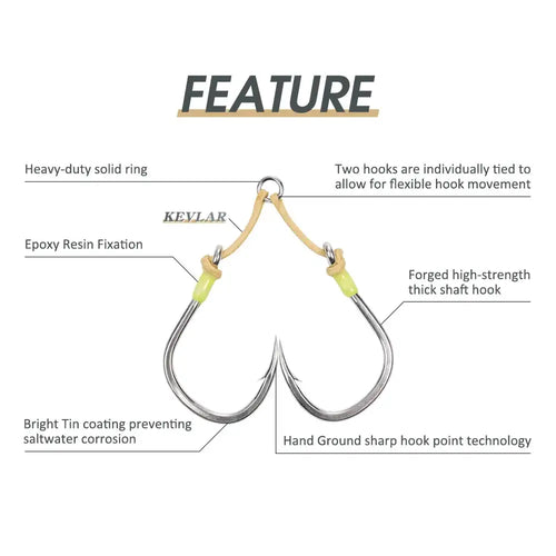 Forged twin assist jig hook with bright tin coating and yellow-green bead keepers