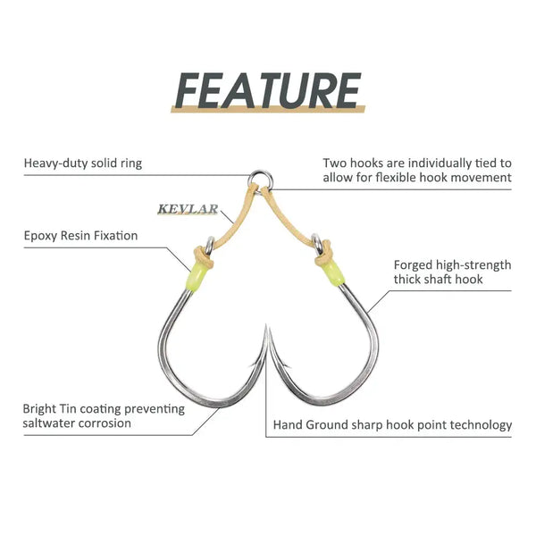 Forged twin assist jig hook with bright tin coating and yellow-green bead keepers