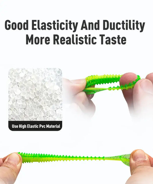 Neon green flexible T-tail soft plastic fishing lure held between two fingers
