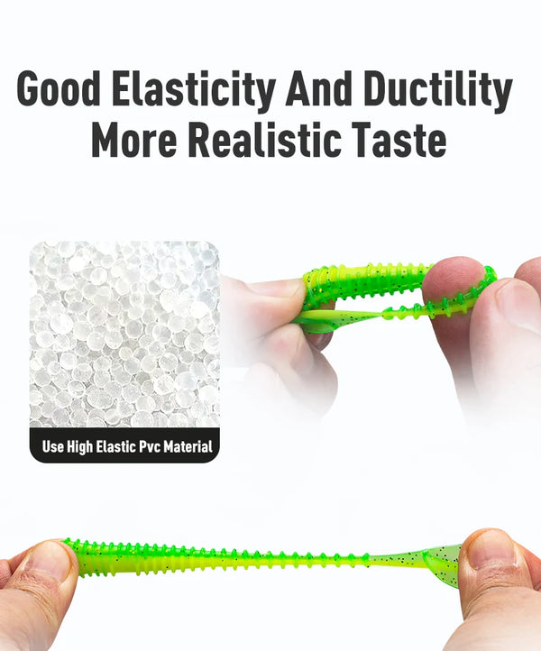 Neon green flexible T-tail soft plastic fishing lure held between two fingers