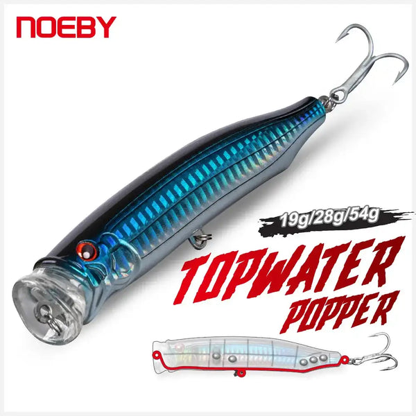 Blue and black topwater fishing lure with clear head, treble hook and metal rings
