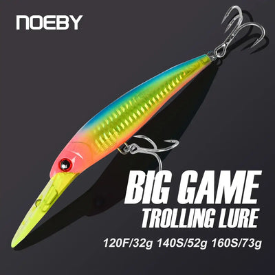 Trolling minnow wobbler lure with blue-green body, red head, and treble hooks