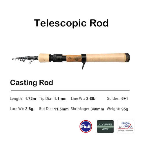 Telescopic casting fishing rod with cork grip and black reel seat