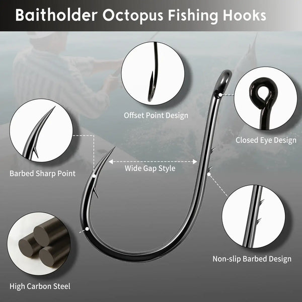 Black baitholder octopus fishing hooks with offset point design, closed eye, and barbed points